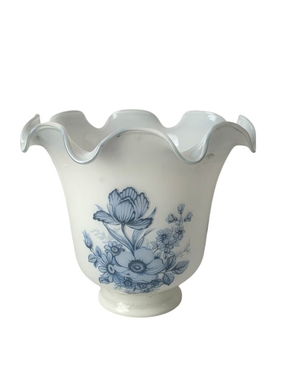 Glass Lamp Shade with Fitter Replacement Blue Floral Ruffled Edge